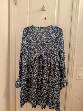 Blue Floral Long Sleeve Smock Dress